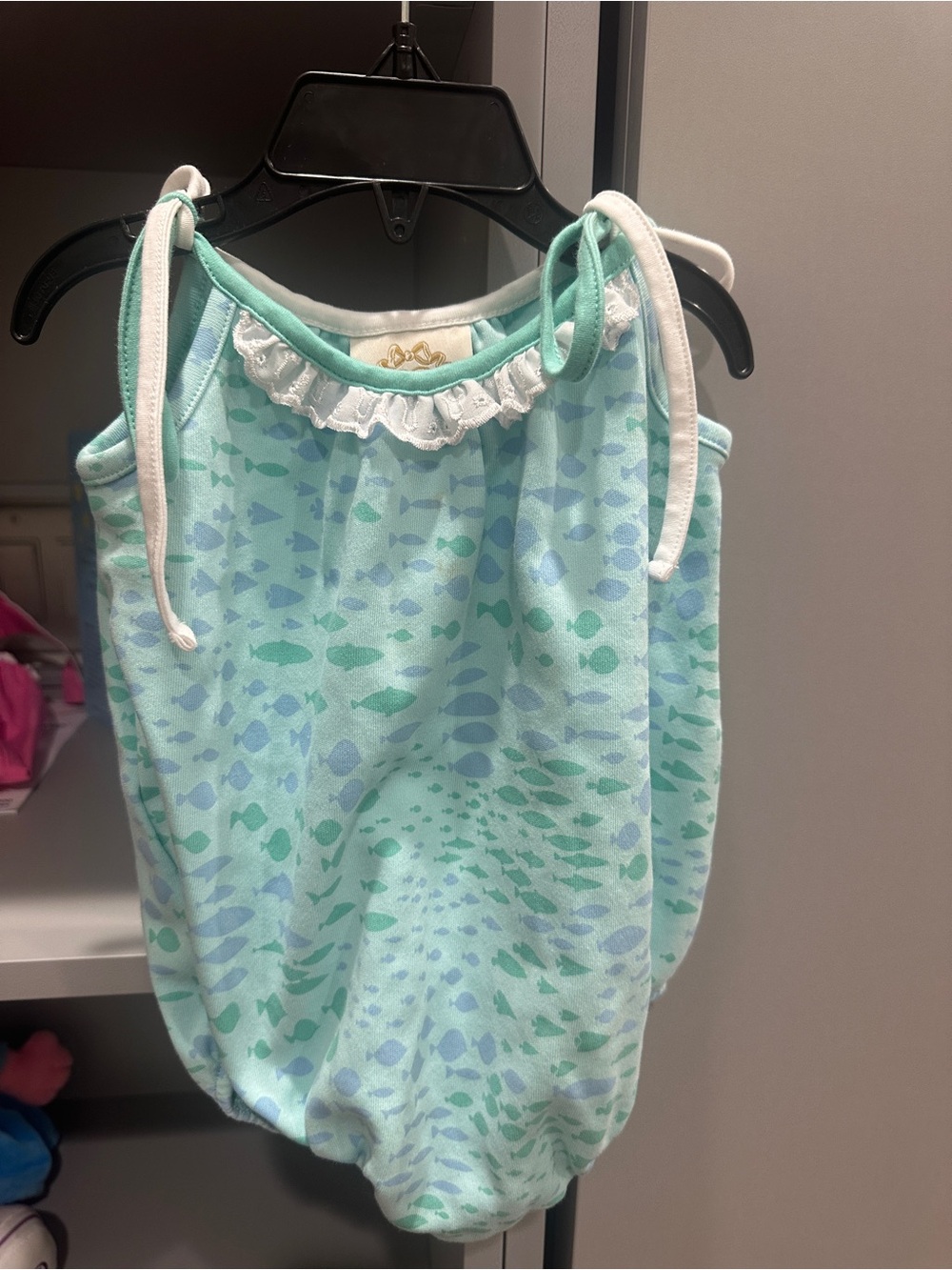 The Beaufort Bonnet Company Mint Green Fish-Print Tie Shoulder Romper